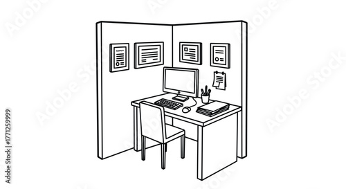 Doodle sketch of an office cubicle with a computer and desk