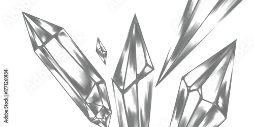 Detailed sketch of quartz crystals revealing their faceted geometry and natural beauty isolated on white background