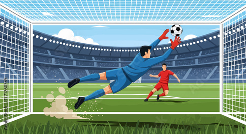 Goalkeeper dives to save soccer ball during a match in the stadium.