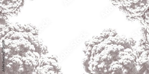 Monochromatic, exploding smoke plumes creating an organic border on a bright white canvas, abstract texture isolated on white background