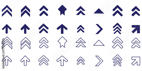 Set swipe up arrows icons. Different black arrows sign upwards. Scroll or swipe up. Graphic vector elements for web, applications, infographic, social 