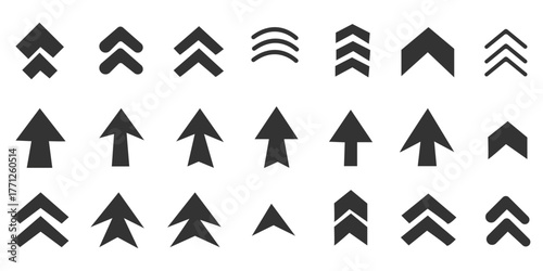 Set swipe up arrows icons. Different black arrows sign upwards. Scroll or swipe up. Graphic vector elements for web, applications, infographic, social 