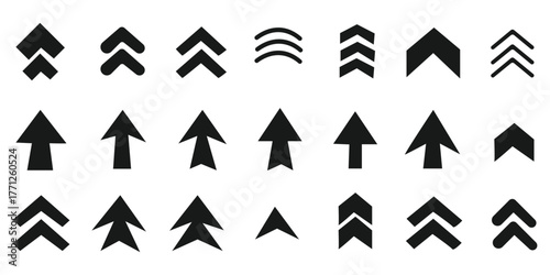 Set swipe up arrows icons. Different black arrows sign upwards. Scroll or swipe up. Graphic vector elements for web, applications, infographic, social 