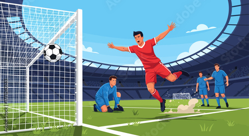 Soccer player scoring a goal with a spectacular jump in the stadium.