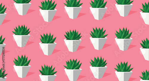 Seamless pattern of potted succulent plants on a pink background