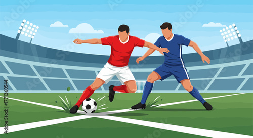 Soccer players in action competing for the ball during a match.