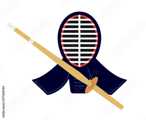 Kendo sport icon. Kendo mask and bamboo sword icon. Vector.