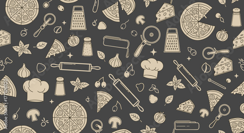 Italian pizza and ingredients. Italian food menu design template. Pizzeria menu design template. Vintage hand drawn sketch vector illustration. Engraved image.