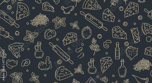 Italian pizza and ingredients. Italian food menu design template. Pizzeria menu design template. Vintage hand drawn sketch vector illustration. Engraved image.