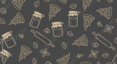 Italian pizza and ingredients. Italian food menu design template. Pizzeria menu design template. Vintage hand drawn sketch vector illustration. Engraved image.