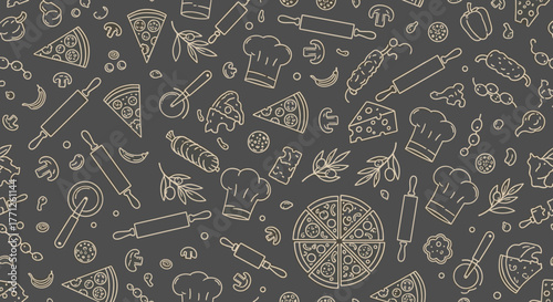 Italian pizza and ingredients. Italian food menu design template. Pizzeria menu design template. Vintage hand drawn sketch vector illustration. Engraved image.
