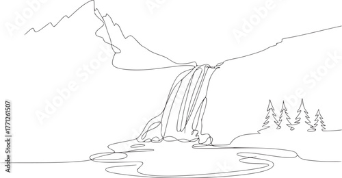 Majestic mountain waterfall with pine trees and serene water vector