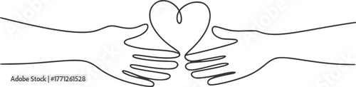 Minimalist line art of two hands forming a heart shape love connection