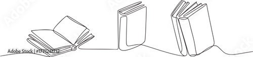 Minimalist line drawing of three open and closed books open book line art