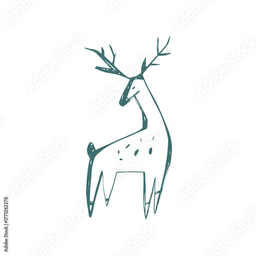 Scandinavian deer illustration in folk art style with elegant antlers and minimal nordic design perfect for holiday cards and prints