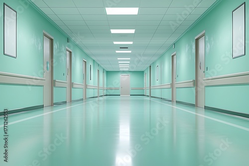 Bright and Clean Hospital Corridor with Smooth Floor and Doors in Soft Mint Green Color