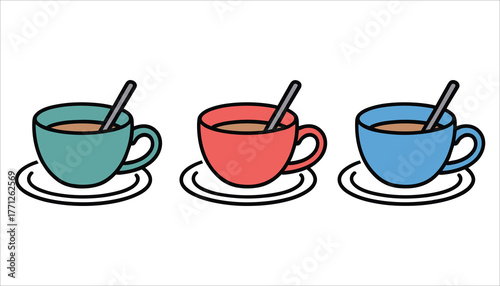 Three colorful coffee cups with spoons on saucers in a row on white background vector