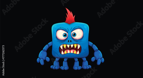 A scary blue monster with sharp teeth and a red mohawk on a