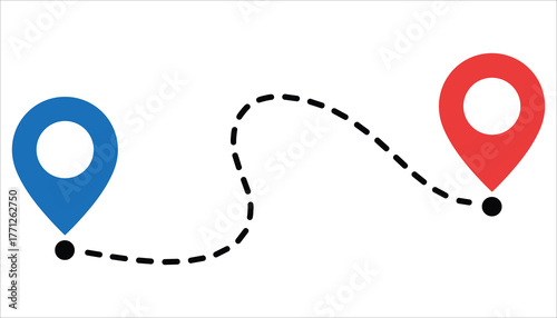 Blue and red map pin markers connected by a dashed black line on a white background location marker destination