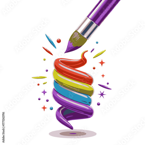 A purple-tipped paintbrush expertly crafts a mesmerizing, rainbow-hued spiral, illustrating the magic of art, design, and inspiring visual innovation.