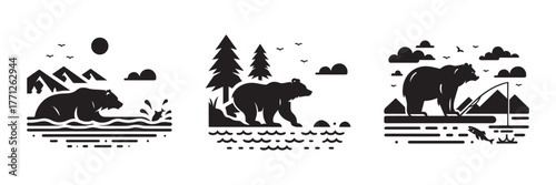Bear Silhouette in Nature Scenes: Mountain Forest Fishing.