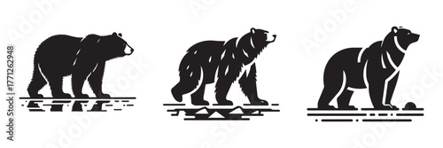 Three stylized bear illustrations in a row black and white design.
