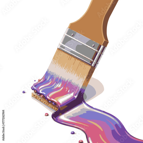 A vibrant paintbrush loaded with an array of colorful paint drips and trails across a pristine white background, symbolizing creativity and artistic expression.