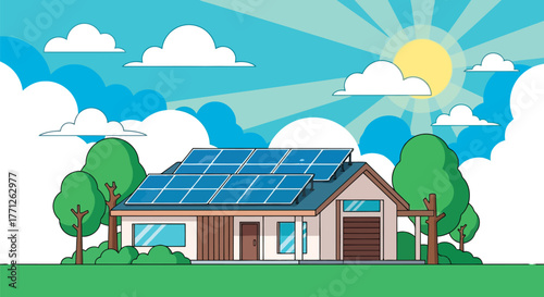 House with solar panels on the roof under a sunny sky with clouds and sun rays