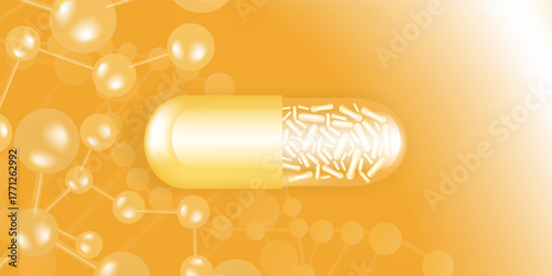 Probiotics and Hyaluronic acid skin solutions ad, gold vitamins serum drop with cosmetic advertising background ready to use, illustration vector.