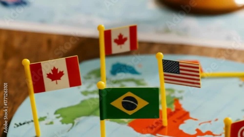 Flags of North and South America on a World Map Showing International Relations and Travel