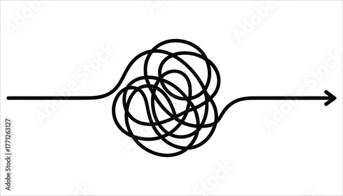 Black tangled line with arrow on white background representing complexity and resolution knot maze