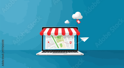 Laptop displaying a map with a storefront awning, representing online business