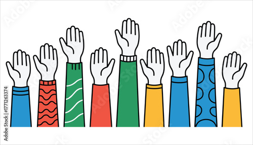 Diverse group of hands raised in the air with colorful patterned sleeves arms