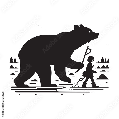 Silhouette of a bear and a person walking together in nature.