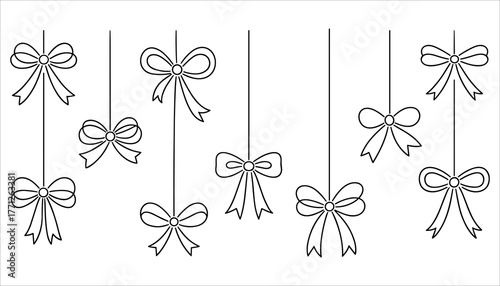 Black outline bows hanging on strings against a white background simple graphic ribbon gift
