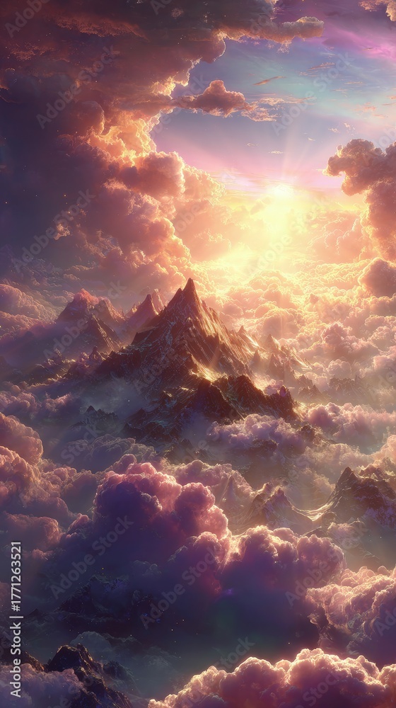 Naklejka premium Stunning Mountain Peaks Above Colorful Clouds At Sunrise