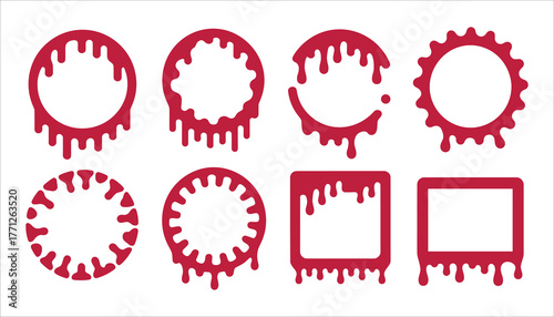 Collection of eight red dripping shapes including circles and squares on white background vector