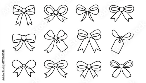Collection of twelve hand drawn black outline bows and gift tags on white background ribbon. 
