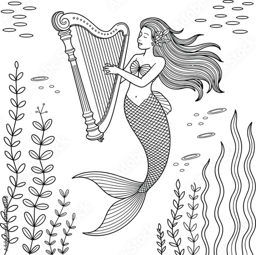 Enchanting Mermaid Serenade Playing a Harp Amidst Underwater Flora and Bubbles Awaiting Your Creative Touch with This Detailed Bundle Design for Art Enthusiasts,  Coloring page 