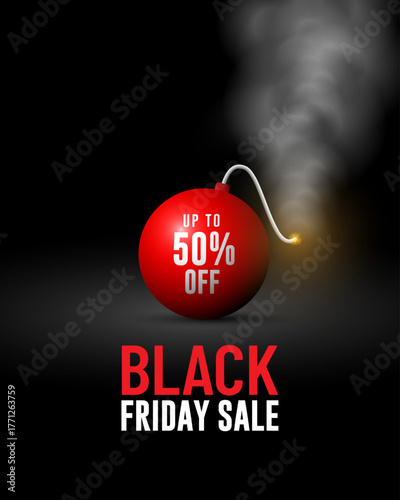 Black Friday Sale Text Banner With Active Red Ball Bomb Surprised Up To 50 Percent OFF On Black Background. Suitable For Black Friday Business Holiday.