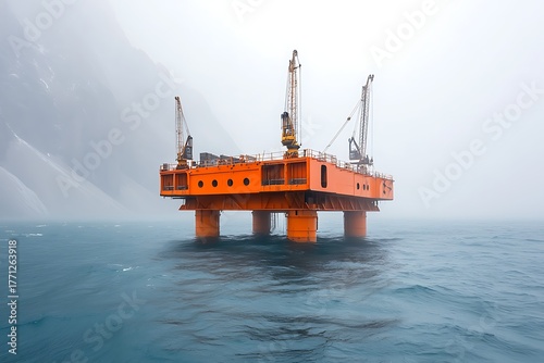 Industrial Orange Offshore Platform in Foggy Ocean Landscape Surrounded by Rocky Cliffs