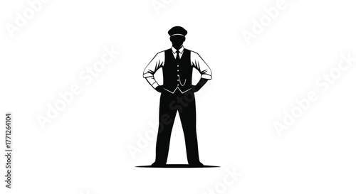 Silhouette of a man in a vest and cap, standing with hands on hips