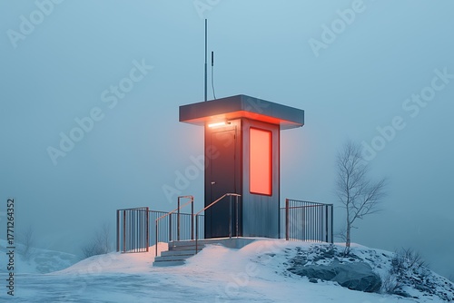 Solitary Observation Post Amidst Foggy Winter Landscape and Snowy Terrain at Dusk