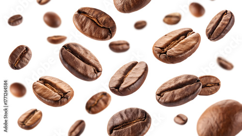 Coffee beans flying isolated on isolated png background. Generative AI.