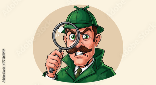 Cartoon detective with a magnifying glass and a mustache