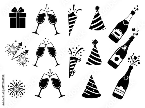A festive collection of party and celebration icons featuring champagne and fireworks