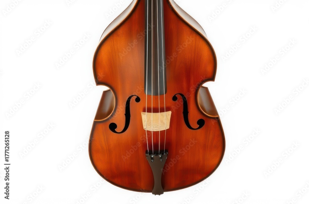 Fototapeta premium A double bass with tall wooden body, arched shoulders, strong bridge, and four strings, shown in full with smooth varnish and crafted details. Generative AI