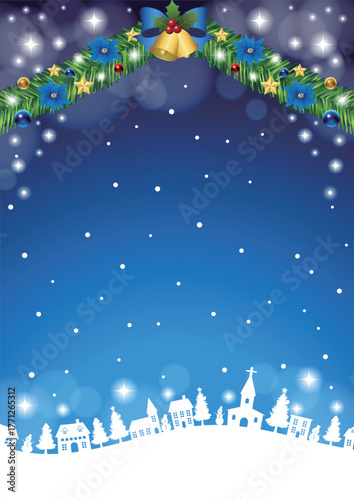 クリスマス背景、町並みシルエット、青、かわいい、イラスト、縦