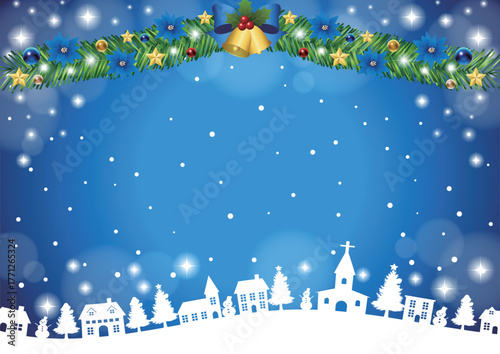 クリスマス背景、町並みシルエット、青、かわいい、イラスト、横