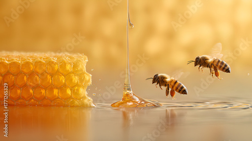 Golden honeycomb with bees gathering fresh natural honey as golden syrup drips softly